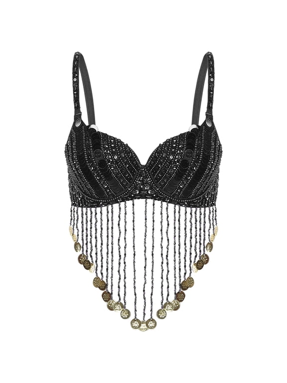 Women's Belly Dance Costume Sequins Tassels Adjustable Bra Tops Bollywood Dancewear Black-A One Size