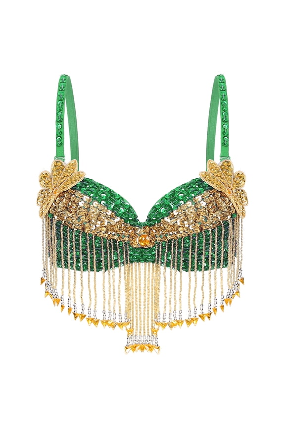 Women's Belly Dance Costume Sequins Tassels Adjustable Bra Tops Bollywood Dancewear Green One Size