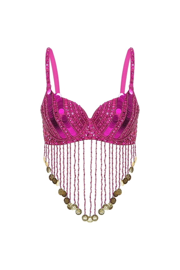 Women's Belly Dance Costume Sequins Tassels Adjustable Bra Tops Bollywood Dancewear Hot Pink-A One Size