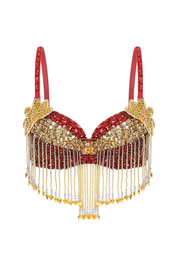 Women's Belly Dance Costume Sequins Tassels Adjustable Bra Tops Bollywood Dancewear Red One Size