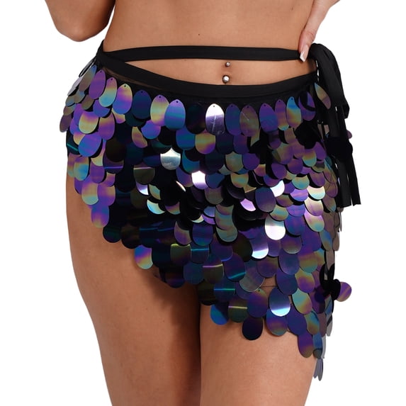 TiaoBug Women's Belly Dance Hip Scarf Skirts Shiny Coin Sequins Lace Up Triangle Mini Skirts Black S