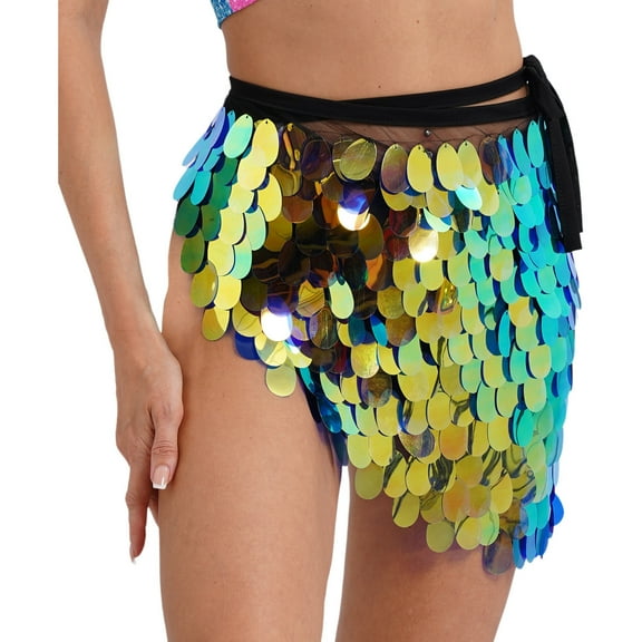 TiaoBug Women's Belly Dance Hip Scarf Skirts Shiny Coin Sequins Lace Up Triangle Mini Skirts Gold&Blue M