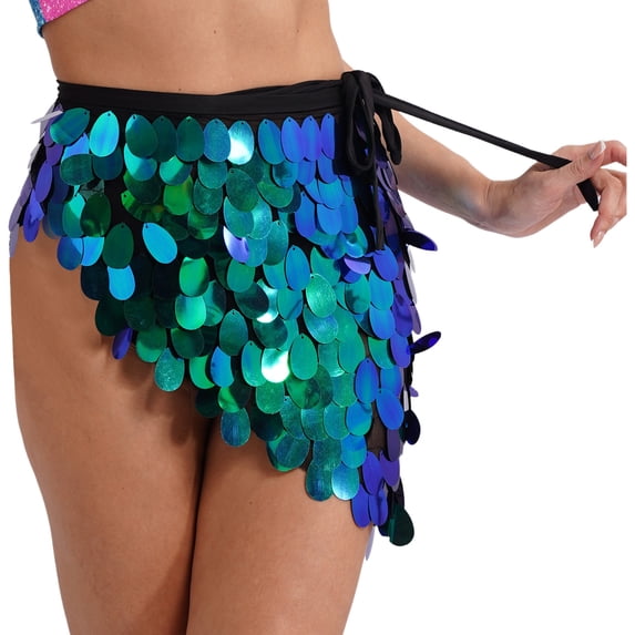 TiaoBug Women's Belly Dance Hip Scarf Skirts Shiny Coin Sequins Lace Up Triangle Mini Skirts Green&Blue L