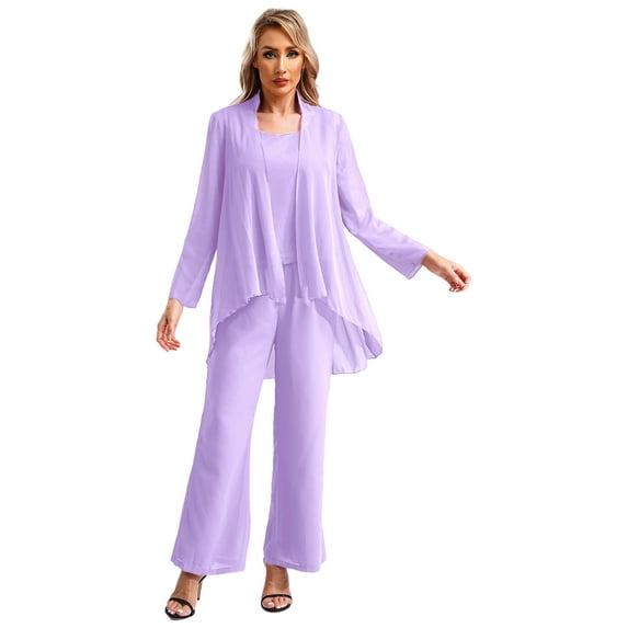 TiaoBug Women's Chiffon Pants Suits 3 Pieces Mother of The Bride Wedding Guest Party Formal Gown Lavender 2XL