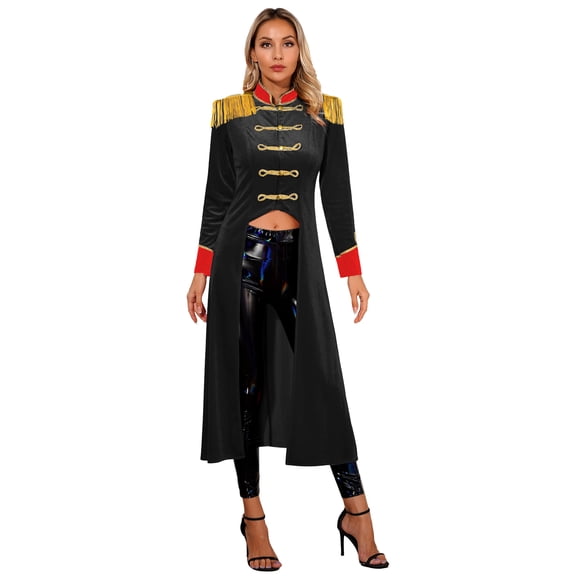 TiaoBug Women's Circus Ringleader Cosplay Costume Velvet Long Tailcoat Renaissance Gothic Fringed Jacket Coat Black M
