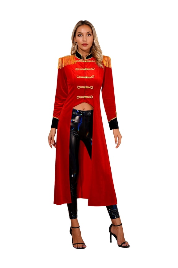 Women's Circus Ringleader Cosplay Costume Velvet Long Tailcoat Renaissance Gothic Fringed Jacket Coat Red XL