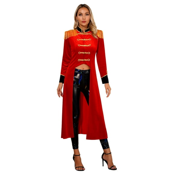 TiaoBug Women's Circus Ringleader Cosplay Costume Velvet Long Tailcoat Renaissance Gothic Fringed Jacket Coat Red XXL