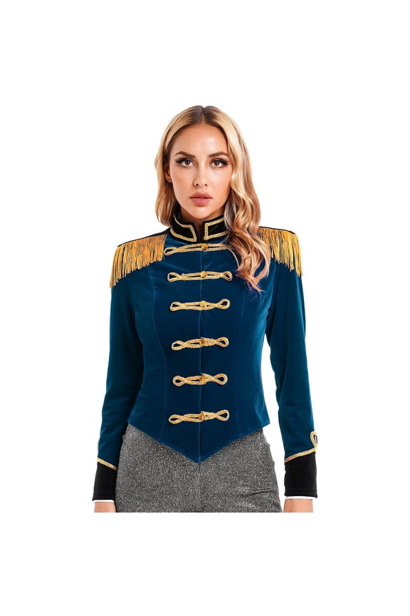 Women's Circus Ringmaster Costume Long Sleeve Fringe Jacket Halloween Party Costume Lion Tamer Suit Dark Blue XL