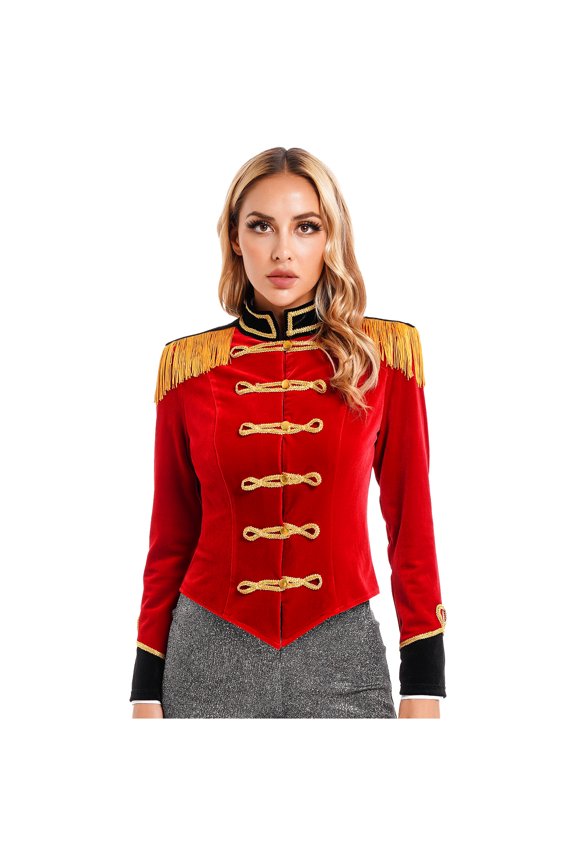 Women's Circus Ringmaster Costume Long Sleeve Fringe Jacket Halloween Party Costume Lion Tamer Suit Red S