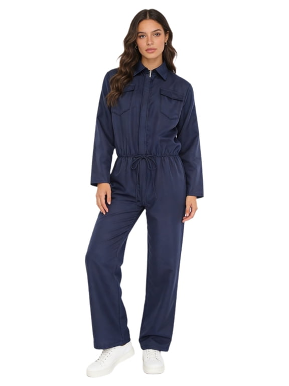 Women's Coveralls Mechanic Work Uniform One Piece Overalls Solid Color Long Sleeve Zipper Jumpsuits Navy Blue S