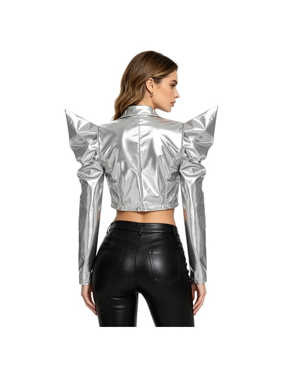 Women's Cropped Cardigan Coat Metallic Shiny Reflective Gothic Armor Shrug Shoulder Wrap for Night Club Party Silver M