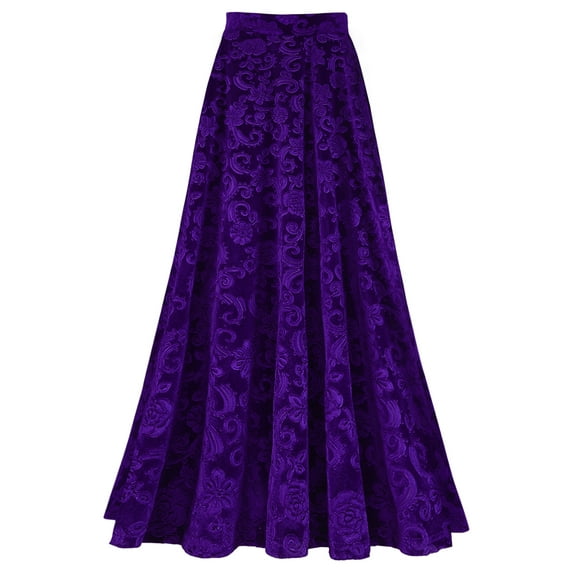 TiaoBug Women's Elastic High Waist Vintage Jacquard Velvet Long Skirt Flared Maxi Party Skirt Purple XL