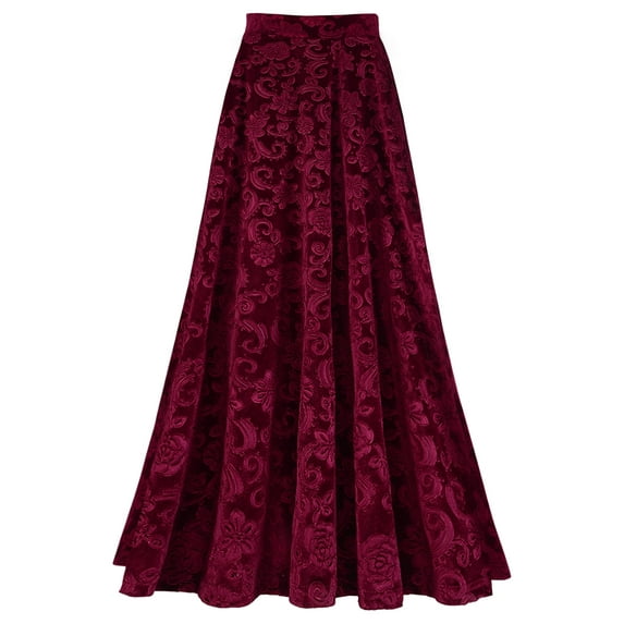 TiaoBug Women's Elastic High Waist Vintage Jacquard Velvet Long Skirt Flared Maxi Party Skirt Red M