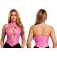thumbnail image 1 of TiaoBug Women's Faux Leather Cropped Tank Top Sleeveless Front Lace-up Backless Bodycon Crop Tops Clubwear Pink XL, 1 of 4