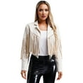 thumbnail image 1 of TiaoBug Women's Faux Suede Fringe Cropped Jacket Long Sleeve Vintage Cardigan Swing Tassel Outwear Beige L, 1 of 7