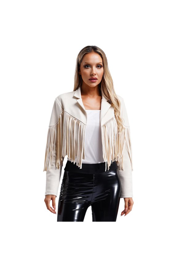 Women's Faux Suede Fringe Cropped Jacket Long Sleeve Vintage Cardigan Swing Tassel Outwear Beige M