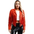 thumbnail image 1 of TiaoBug Women's Faux Suede Fringe Cropped Jacket Long Sleeve Vintage Cardigan Swing Tassel Outwear Brick Red S, 1 of 7