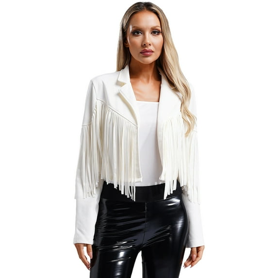 TiaoBug Women's Faux Suede Fringe Cropped Jacket Long Sleeve Vintage Cardigan Swing Tassel Outwear White S
