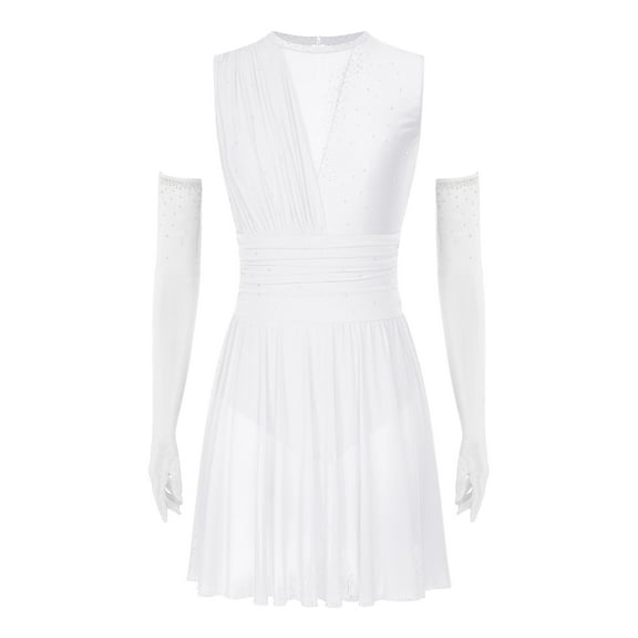 TiaoBug Women's Figure Skating Dress with Glitter Mesh Long Gloves 2-piece Ballroom Modern Dance Outfits White M