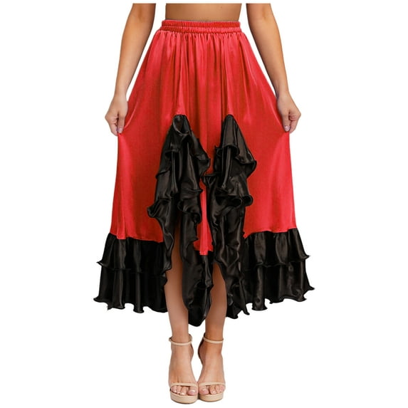 TiaoBug Women's Flamenco Dance Skirt Ruffled Irregular Hem Full Circle Swing Long Skirt for Tango Salsa Cha Cha Red L
