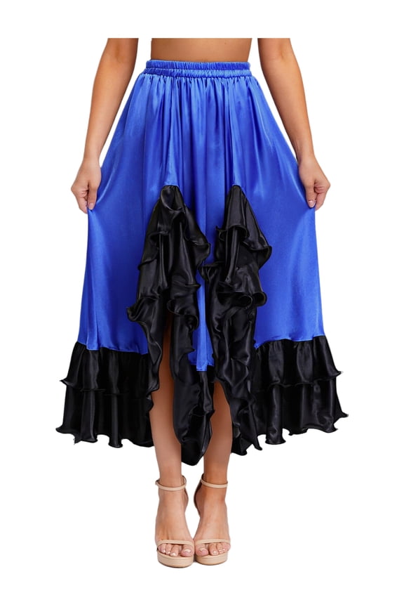 Women's Flamenco Dance Skirt Ruffled Irregular Hem Full Circle Swing Long Skirt for Tango Salsa Cha Cha Royal Blue L