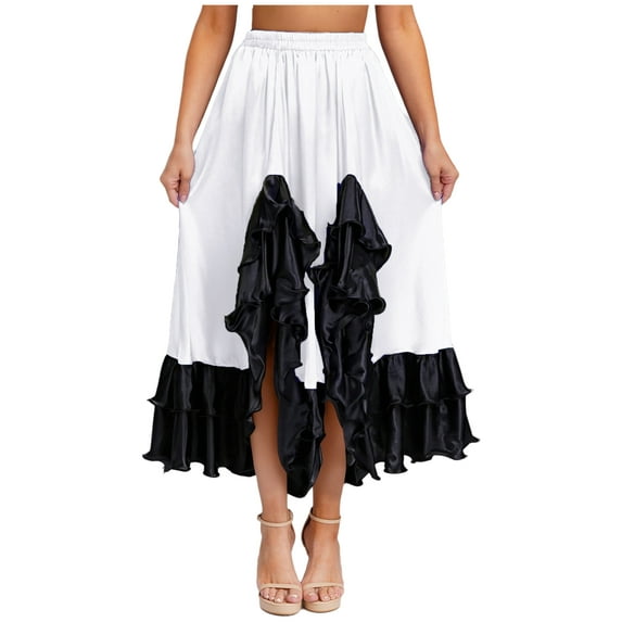 TiaoBug Women's Flamenco Dance Skirt Ruffled Irregular Hem Full Circle Swing Long Skirt for Tango Salsa Cha Cha White M