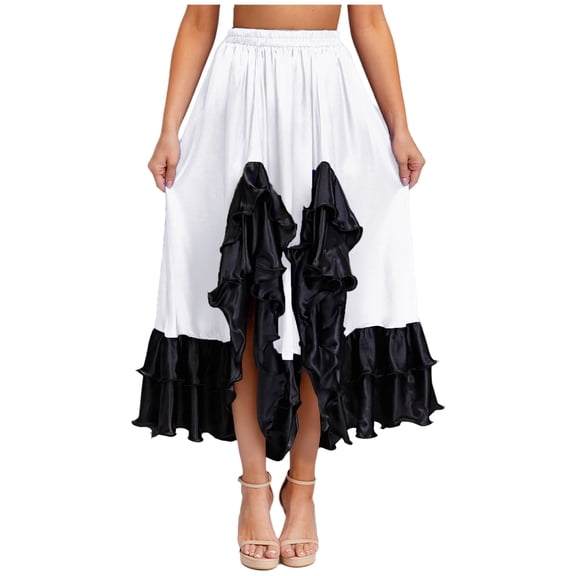 TiaoBug Women's Flamenco Dance Skirt Ruffled Irregular Hem Full Circle Swing Long Skirt for Tango Salsa Cha Cha White XXL