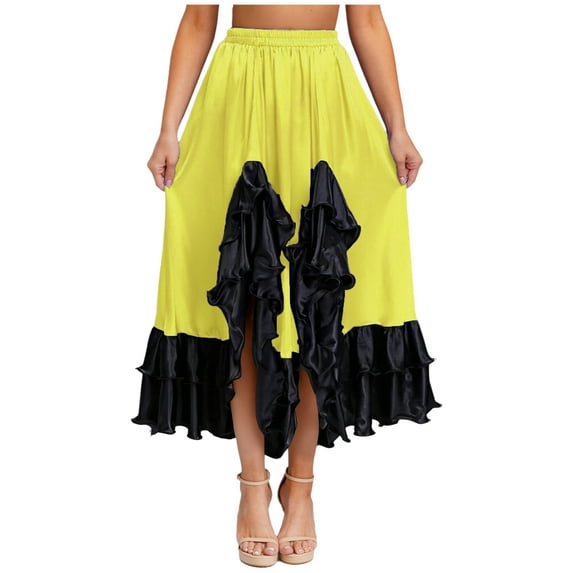 TiaoBug Women's Flamenco Dance Skirt Ruffled Irregular Hem Full Circle Swing Long Skirt for Tango Salsa Cha Cha Yellow M