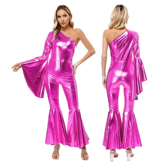 TiaoBug Women’s Flared Jumpsuits Pants Bell-Bottom Retro Shiny Metallic Rompers Disco Dancewear Hot Pink XXL