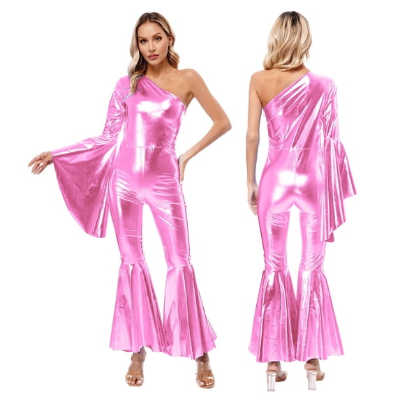 TiaoBug Women’s Flared Jumpsuits Pants Bell-Bottom Retro Shiny Metallic Rompers Disco Dancewear Pink One Size