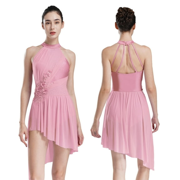 TiaoBug Women's Flower Lyrical Dance Costume High Low Modern Contemporary Dance Dress Dancewear Pink XXL