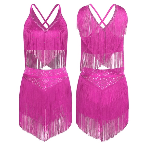 TiaoBug Women's Fringe Latin Dance Outfits Belly Dancer Sleeveless V Neck Tiered Tassels Crop Top and Skirt Hot Pink S