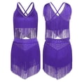 thumbnail image 1 of TiaoBug Women's Fringe Latin Dance Outfits Belly Dancer Sleeveless V Neck Tiered Tassels Crop Top and Skirt Purple M, 1 of 6