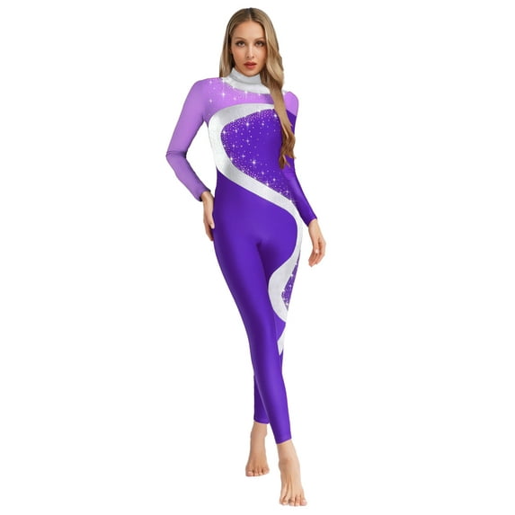TiaoBug Women's Full Body Gymnastics Leotards Long Sleeve Figure Skating Bodysuit Dance Jumpsuit Purple XXL