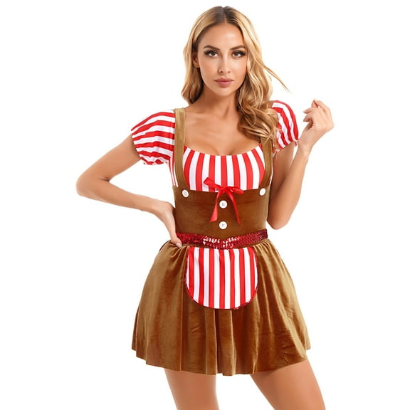 TiaoBug Women's Gingerbread Costume Christmas Cookie Dress Roleplay Outfits Xmas Party Dress Up Brown XXL