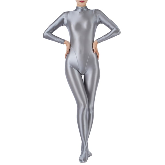 TiaoBug Women's Glossy Body Stocking Full Bodysuits Catsuits Yoga Mock Neck Zipper Jumpsuits Silver L