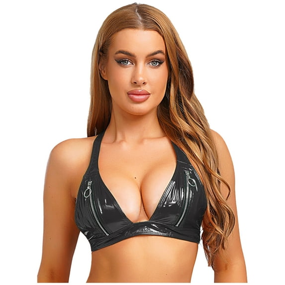 TiaoBug Women's Glossy Latex Triangle Bra Wet Look Patent Leather Bralette Unlined Wire-free Crop Top Black XXL