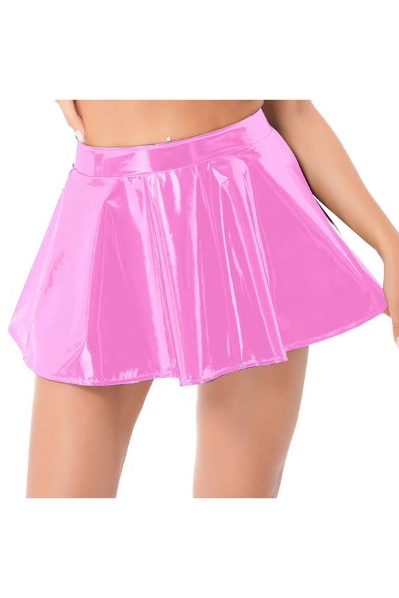 Women's Glossy PVC Leather Flared Skirt Pole Dance Holographic Zipper Pleated Mini Skirts Raves Clubwear Pink M