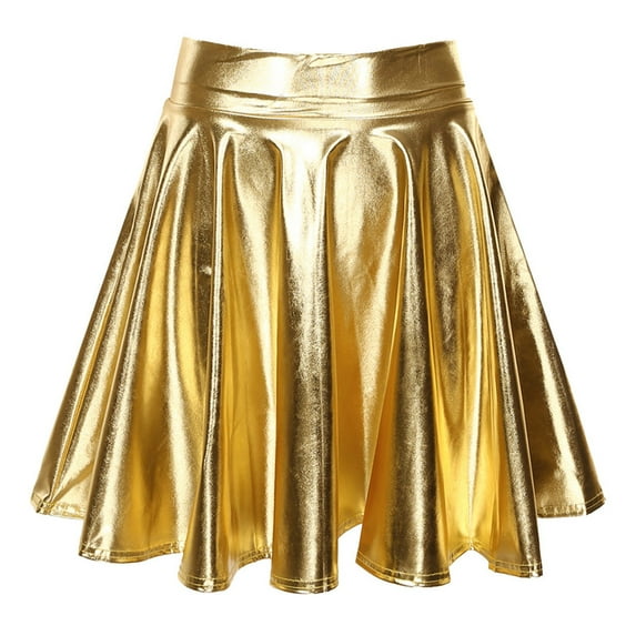 TiaoBug Women's Glossy Pleated Skater Skirt Shiny Metallic Ruffle Skirts Cocktail Party Dance Clubwear Gold XL