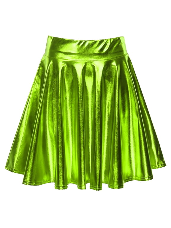 Women's Glossy Pleated Skater Skirt Shiny Metallic Ruffle Skirts Cocktail Party Dance Clubwear Green XL