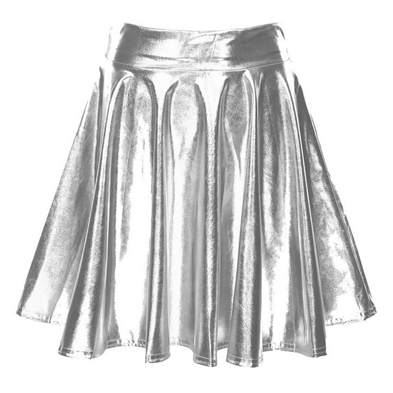 TiaoBug Women's Glossy Pleated Skater Skirt Shiny Metallic Ruffle Skirts Cocktail Party Dance Clubwear Silver B L