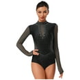 thumbnail image 1 of TiaoBug Women's Gymnastics Leotard Ballet Dance Top Long Sleeve Rhinestones Mesh Figure Ice Skating Bodysuit Black S, 1 of 5