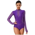 thumbnail image 1 of TiaoBug Women's Gymnastics Leotard Ballet Dance Top Long Sleeve Rhinestones Mesh Figure Ice Skating Bodysuit Purple XL, 1 of 5