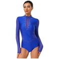thumbnail image 1 of TiaoBug Women's Gymnastics Leotard Ballet Dance Top Long Sleeve Rhinestones Mesh Figure Ice Skating Bodysuit Royal Blue M, 1 of 7