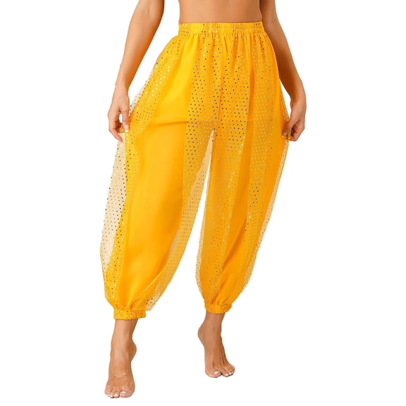 TiaoBug Women's Indian Belly Dance Costume Sequined Dots Chiffon Workout Yoga Pants Halloween Trousers Yellow One Size
