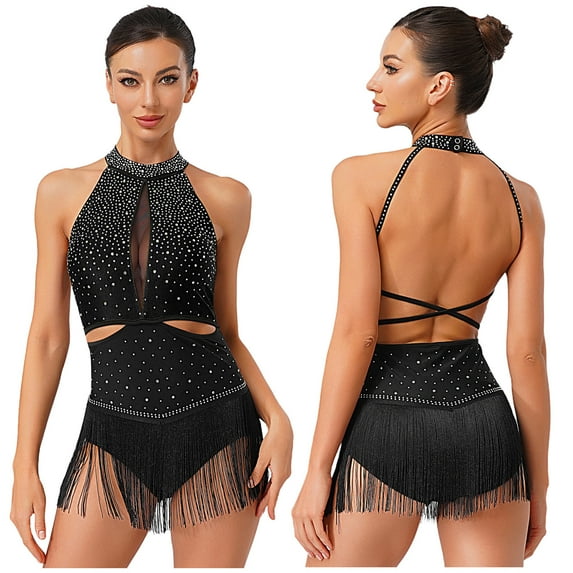 TiaoBug Women's Latin Dance Dress Backless Halter Neck Tassels Fringe Skirt Leotard Salsa Tango Dancewear Black XL