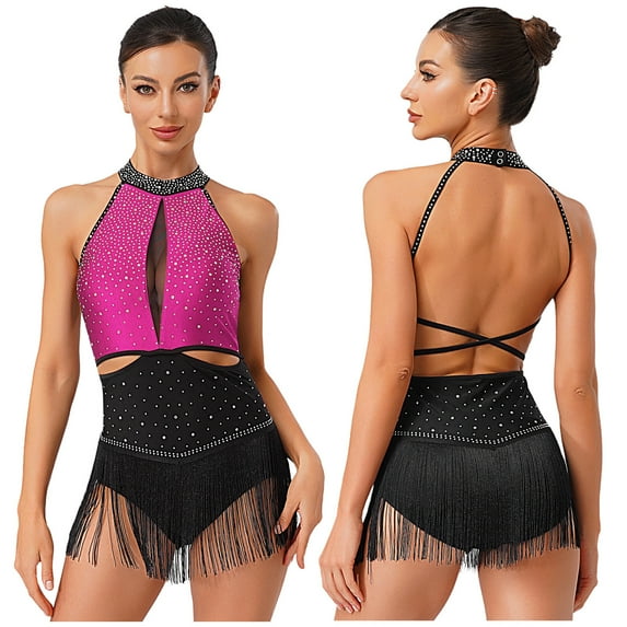 TiaoBug Women's Latin Dance Dress Backless Halter Neck Tassels Fringe Skirt Leotard Salsa Tango Dancewear Hot Pink S