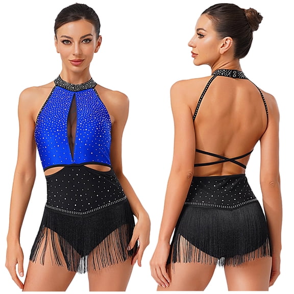 TiaoBug Women's Latin Dance Dress Backless Halter Neck Tassels Fringe Skirt Leotard Salsa Tango Dancewear Royal Blue M