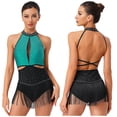 thumbnail image 1 of TiaoBug Women's Latin Dance Dress Backless Halter Neck Tassels Fringe Skirt Leotard Salsa Tango Dancewear Teal S, 1 of 6