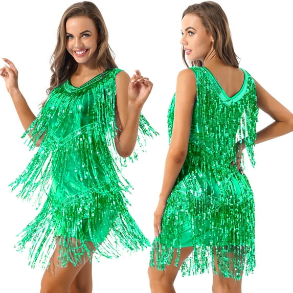 TiaoBug Women's Latin Dance Dress Sequin Salsa Ballroom Costume M-XXL